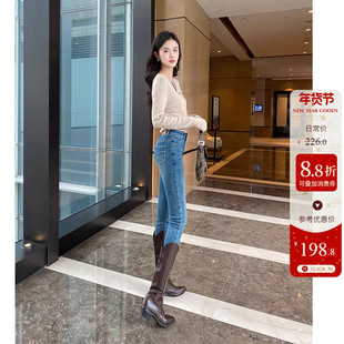提臀显瘦~蓝色靴裤加绒小脚牛仔裤女紧身显瘦薄绒九分高腰铅笔裤