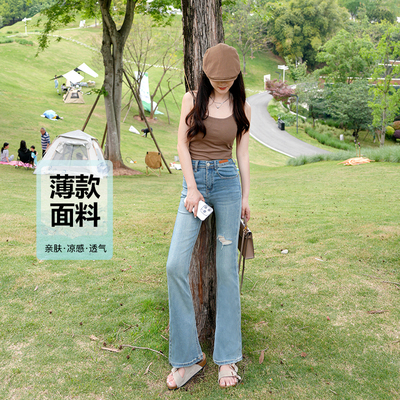 巨好穿~蓝色破洞高腰微喇牛仔裤女2025夏季薄款显瘦修身喇叭长裤