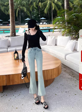 春夏新款高弹面料小个子微喇牛仔裤女浅蓝色修身显瘦九分喇叭裤子