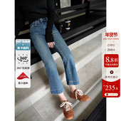 莱卡纤维加绒保暖显瘦两粒扣高腰微喇牛仔裤 女九分宽松直筒喇叭裤