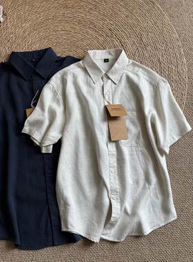 夏季莱赛尔亚麻纯色短袖衬衫男女同款复古宽松休闲情侣百搭衬衣