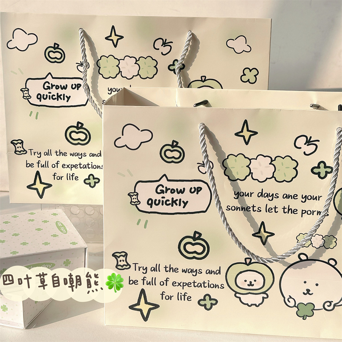 青苹果自嘲熊礼品袋长方形加厚包装袋高颜值ins手提袋大容量纸袋