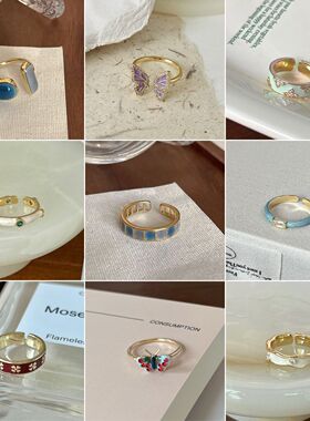 心动款~小众时尚珐琅彩色滴油蝴蝶戒指女奶油轻奢百搭高级感手饰