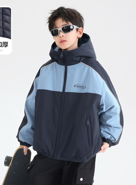 男大童冬季撞色运动防水连帽冲锋衣棉服2025新款儿童夹棉加厚外套