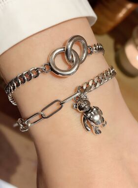 韩国东大门饰品圆环双环小熊链条手链女s925银泰银坦克链复古