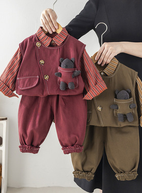 韩版男童春秋季童装小男孩宝宝小熊马甲长袖衬衫时尚三件