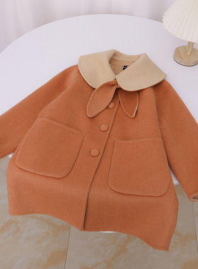 韩版洋气2025秋冬新款女童可爱兔耳朵翻领双面羊绒羊毛呢大衣外套
