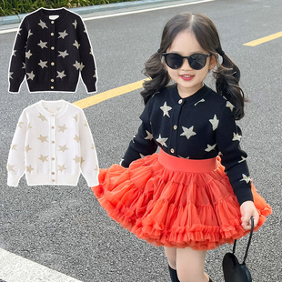 女童秋冬新款金色星星外套公主风百搭提花柔软毛衣五角星针织开衫