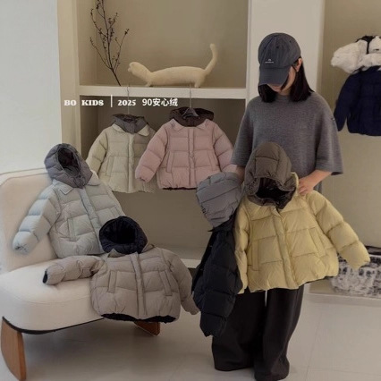 BO童装男女童冬款两面穿90白鸭绒羽绒服韩版宽松面包服外套潮