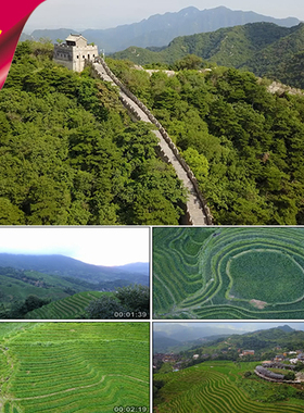长城和绿色梯田山坡航拍 唯美风景 绿色风光 实拍视频素材