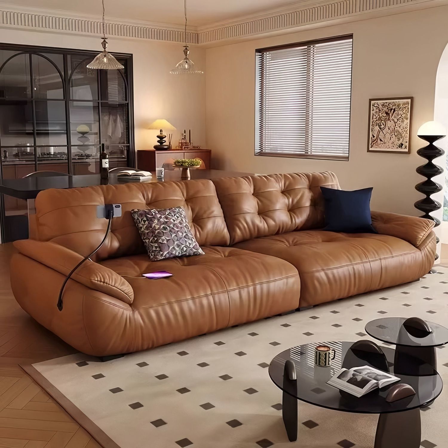 意式极简太空云真皮沙发头层牛皮客现代小户型简约多功能直排皮艺