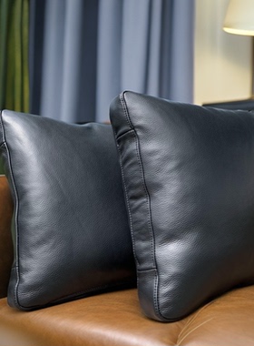 黑色全真皮沙发抱枕靠垫汽车腰垫办公椅腰枕羽绒枕芯豆腐块状方枕