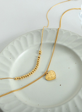 2511新中式爱心桃心吊坠项链双层圆珠锁骨链钛钢18k金百搭饰品