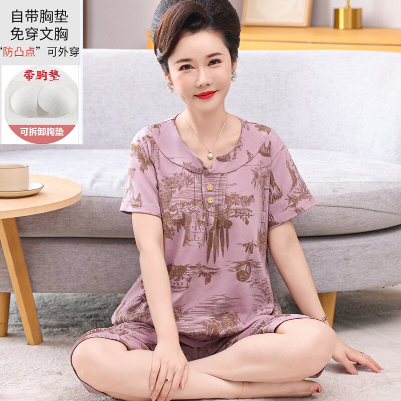 妈妈装短袖睡衣套装女夏季七分裤带胸垫中老年减龄宽松休闲家居服