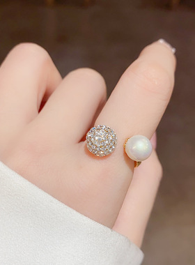 日韩时尚气质轻奢简约圆形锆石珍珠开口戒指复古感时尚手饰品