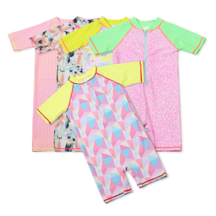 外贸出口儿童冲浪服防晒短袖 泳衣女童可爱亮色印花小女孩连体泳衣