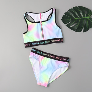 2022年欧美新款儿童分体泳衣女孩运动渐变色训练女童中大童背心款