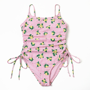 出口外贸女士连体泳衣甜美粉色格子三角泳装 抽绳遮肉显瘦沙滩泳衣
