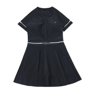 防晒短袖 连体泳装 保守平角泳衣 女士运动泳裙遮肉黑色裙式 出口新款