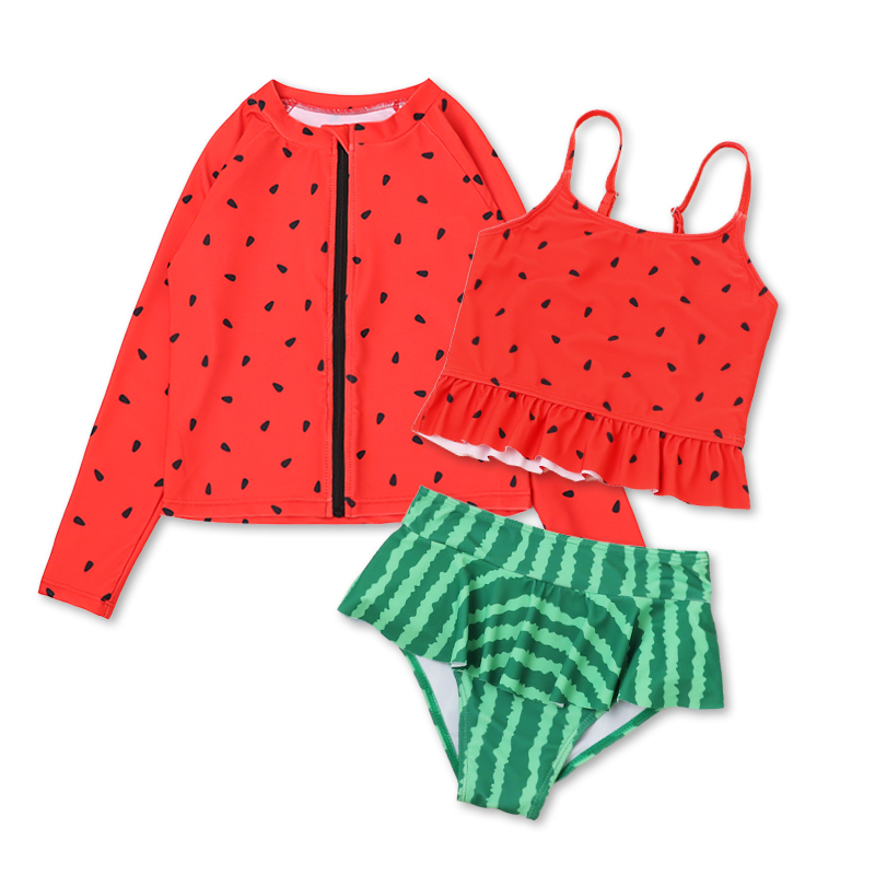 出口外贸女童分体泳装可爱西瓜长袖拉链冲浪服洋气女孩泳衣三件套