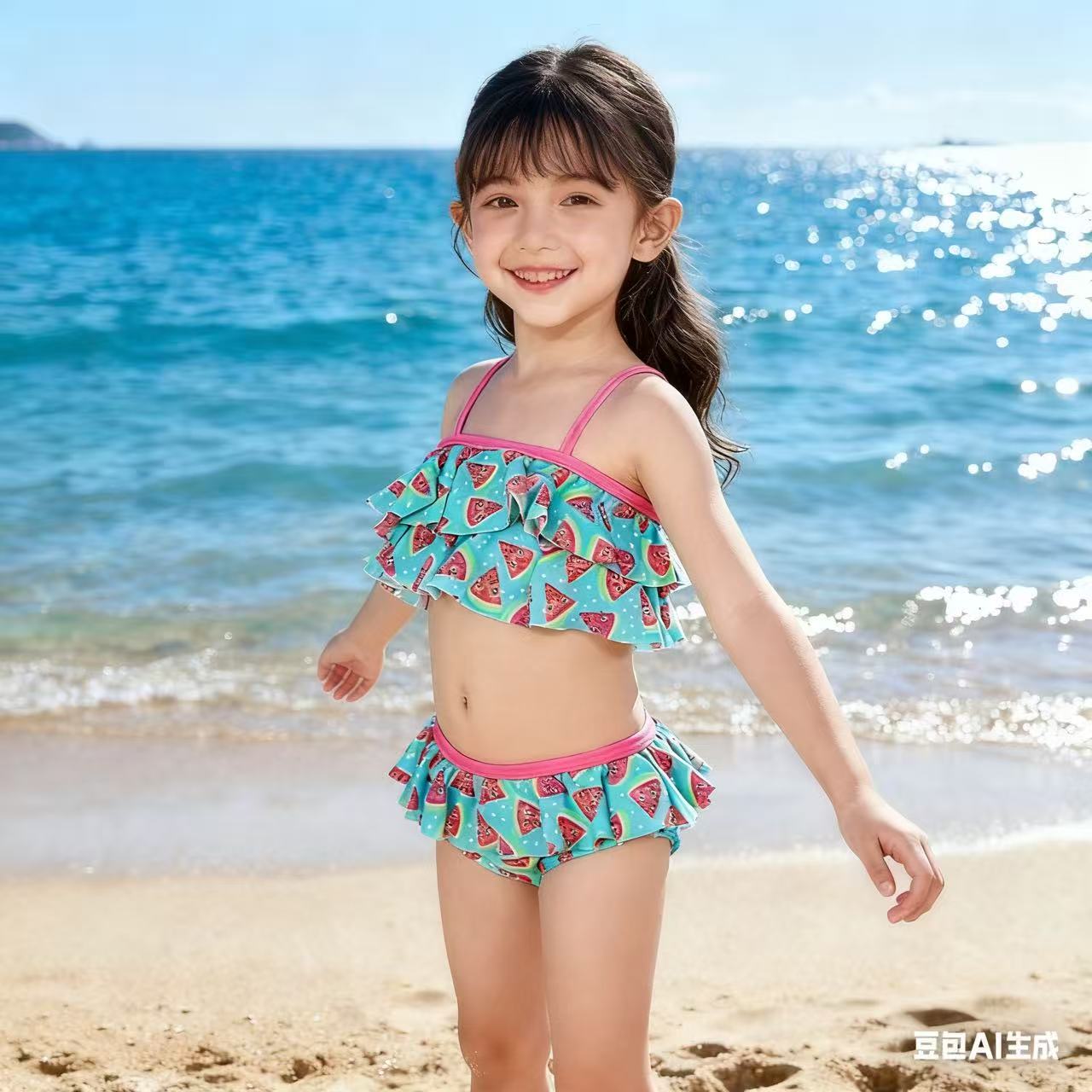 外贸可爱女童分体泳衣 木耳边小西瓜三件套游泳衣 中小童抹胸泳装