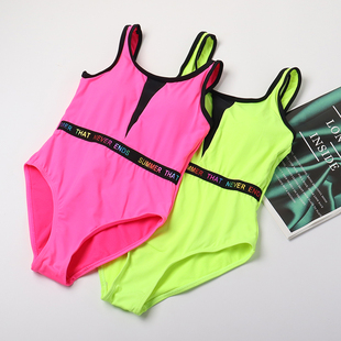 出口外贸儿童连体泳衣学生春夏新款 亮色泳衣可爱少女心高级感泳装