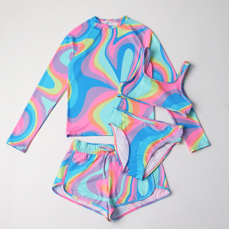 出口外贸UPF50+女童防晒速干泳衣彩虹波浪纹长袖分体冲浪服四件套