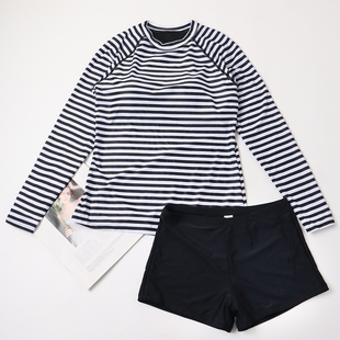 泳衣套装 保守女士外贸分体泳衣长袖 防紫外线平角沙滩泳衣条纹大码