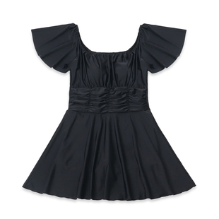 外贸原单女士泳裙黑色抽褶气质显瘦度假泳装 连体泳衣 防晒遮肉裙式