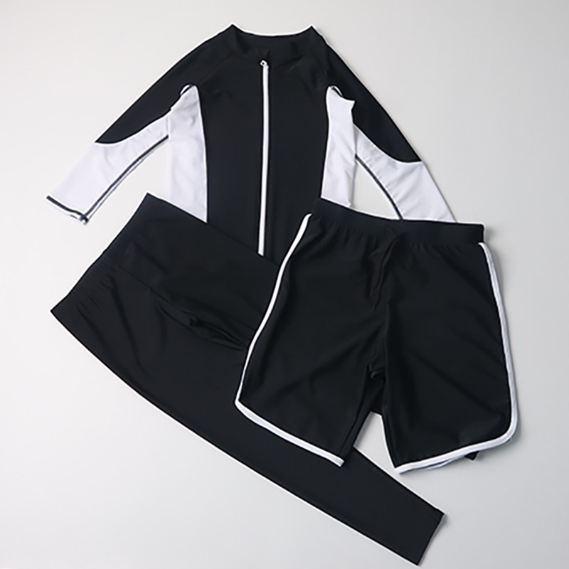 韩版黑白色男童分体泳衣三件套长袖防晒速干游泳衣帅气儿童冲浪服