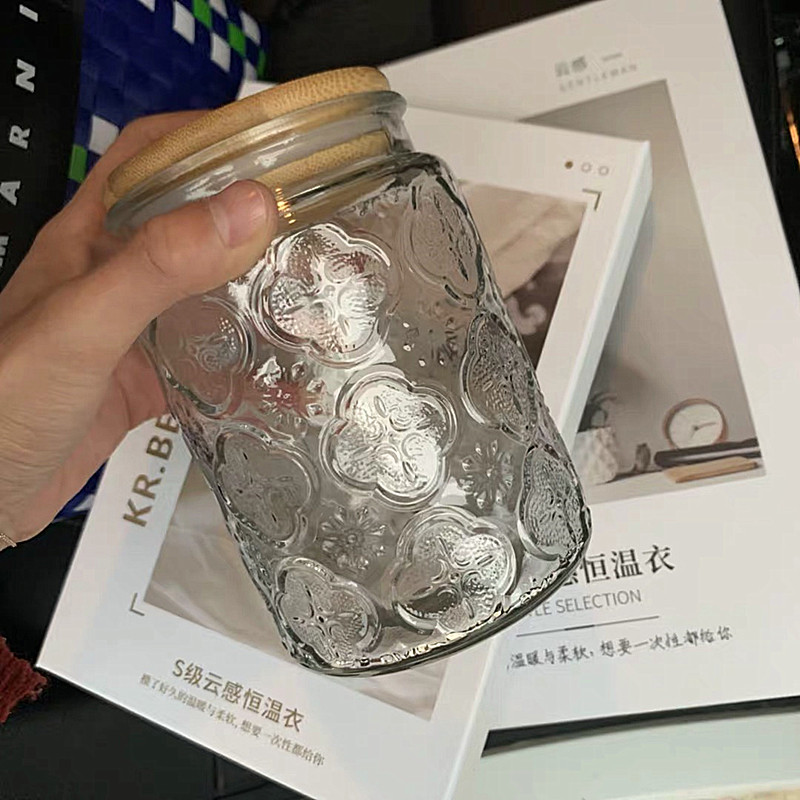 ins网红复古日式海棠花纹玻璃密封罐子咖啡豆储物收纳餐具筷子筒