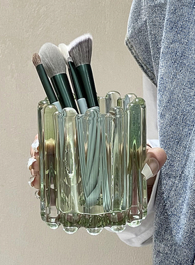 小众ins风化妆刷桶眉笔筒波浪边条纹装饰简约玻璃摆件桌面收纳筒