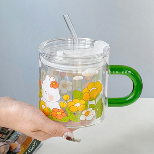 小清新带把绿色郁金香小兔子玻璃马克杯ins大容量牛奶燕麦早餐杯