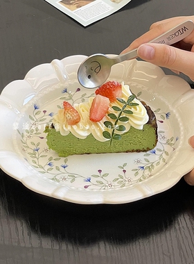 法式复古蓝色花枝陶瓷盘高颜珠点花边ins甜品蛋糕盘牛排西餐盘子