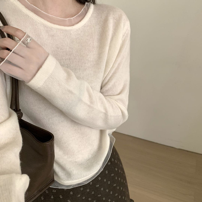 TOMORROW穿神器韩系清新简约透明蕾丝边打底针织衫
