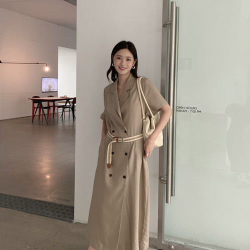 F.THREE三姐妹-夏上新薄款西装通勤气质收腰连衣裙(配腰带)