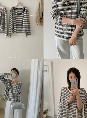 想象SAILORMOON -6年早春韩系简约条纹宽松长袖上衣+吊带背心套装