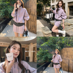 两件套 艾薇 松紧腰休闲半身裙套装 韩系立领假两件冲锋卫衣 春款