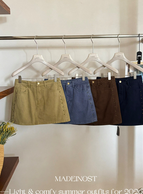 MADEIN OST-美式复古铆钉装饰洗水棉半身裙