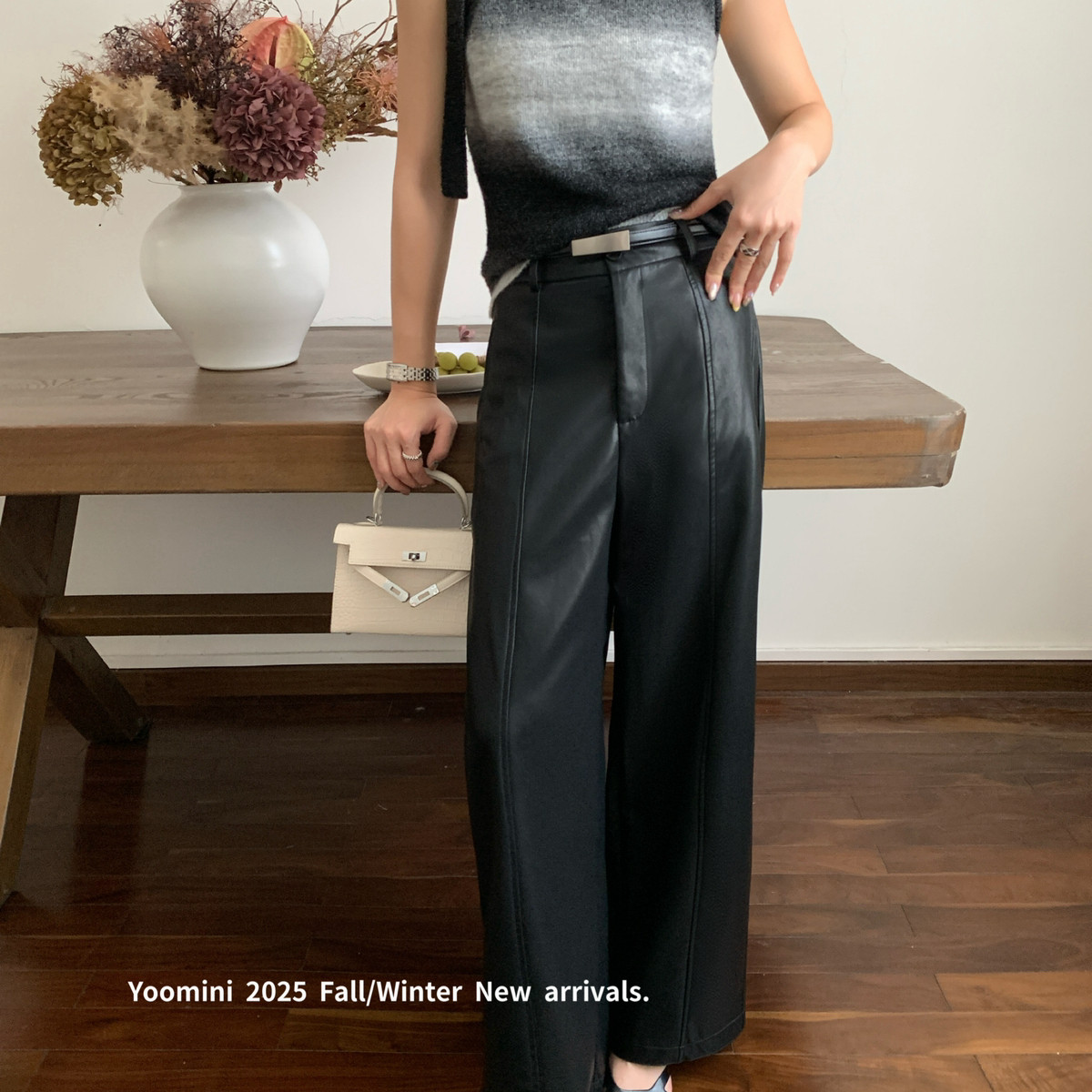 YOOMINI登前卫·高腰直筒简约有型利落宽松百搭通勤皮裤配皮带