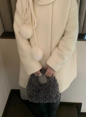 RS.WHMT-带毛球装饰羊毛呢中长款大衣羽绒服(配领绳)