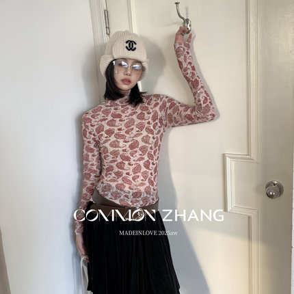 CZ ZHANG-新款性感纯欲微透网纱印花高领长袖T恤女秋冬设计感小衫
