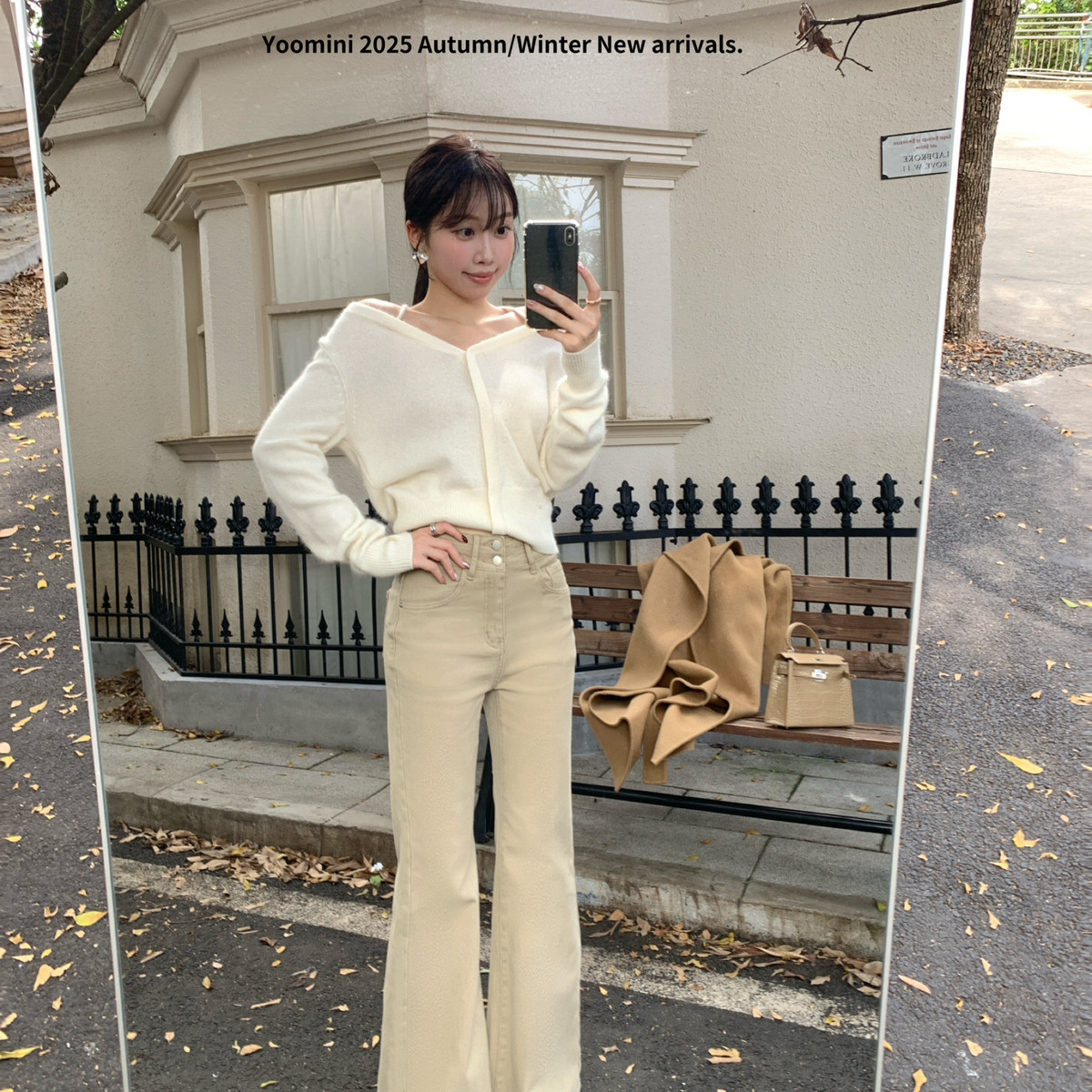 YOOMINI-叙·高腰抓毛薄绒加厚直筒落日氛围感微喇2025秋冬牛仔裤