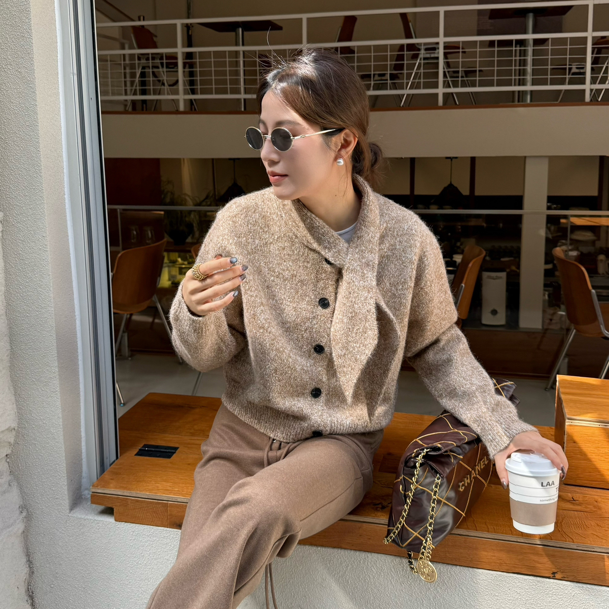 MADEIN OST-混色领巾慵懒感开衫保暖毛衣