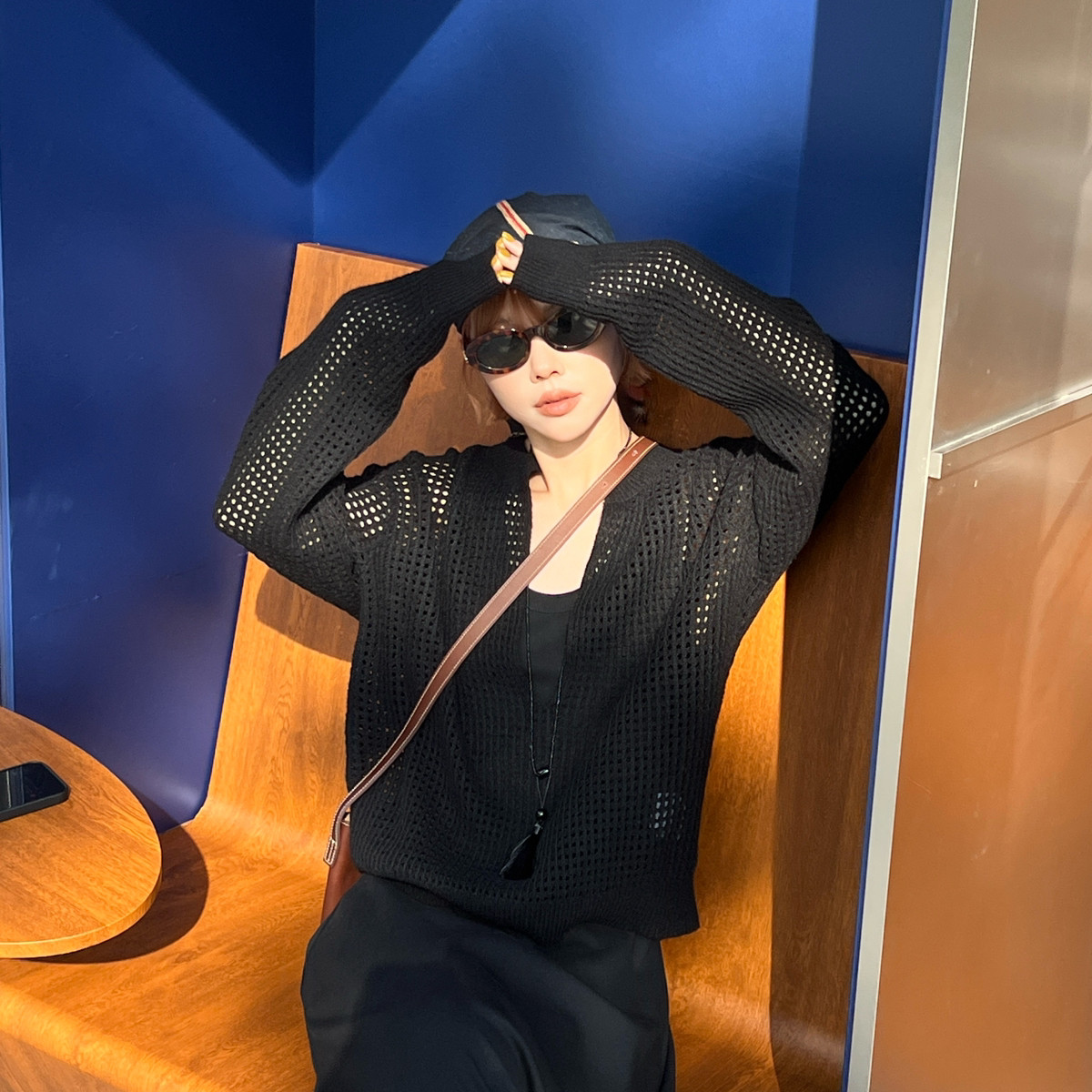 UMA SONG-上新编织华夫饼v领长袖松弛感镂空上衣针织衫