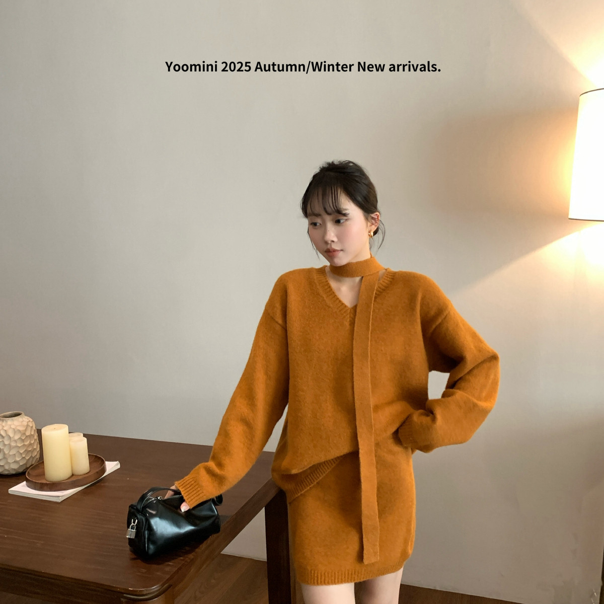 YOOMINI-厚宽松毛衣+包臀半身裙2025秋冬套装(配飘带)