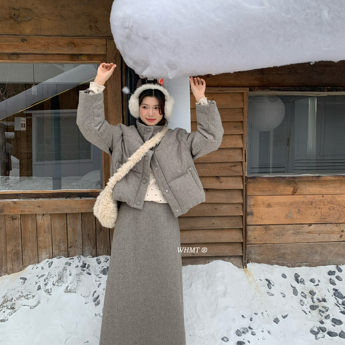 RS.WHMT-懒感立领抽绳羊毛呢羽绒外套+直筒半身裙套装