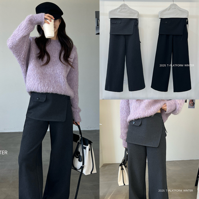 T-PLATFORM-c极简时尚深灰色加绒糯米微喇女秋冬假两件屁帘休闲裤