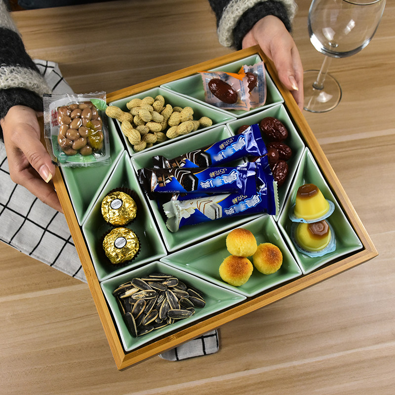 青瓷创意零食分格盘干果糖果盘瓜子坚果水果托盘杂锦盒收纳盒包邮