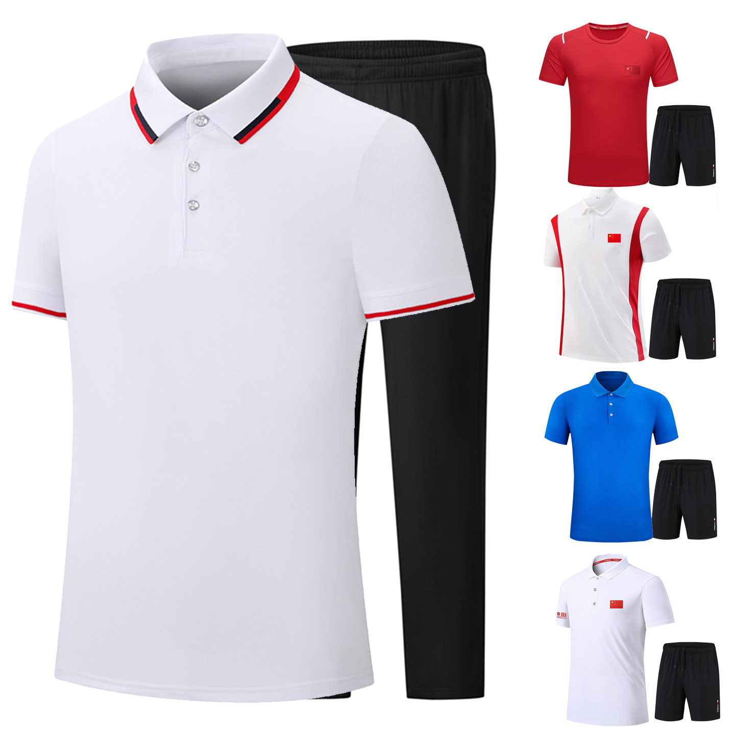 中国队夏季情侣短袖运动服套装半袖POLO衫两件套团体T恤长裤定制